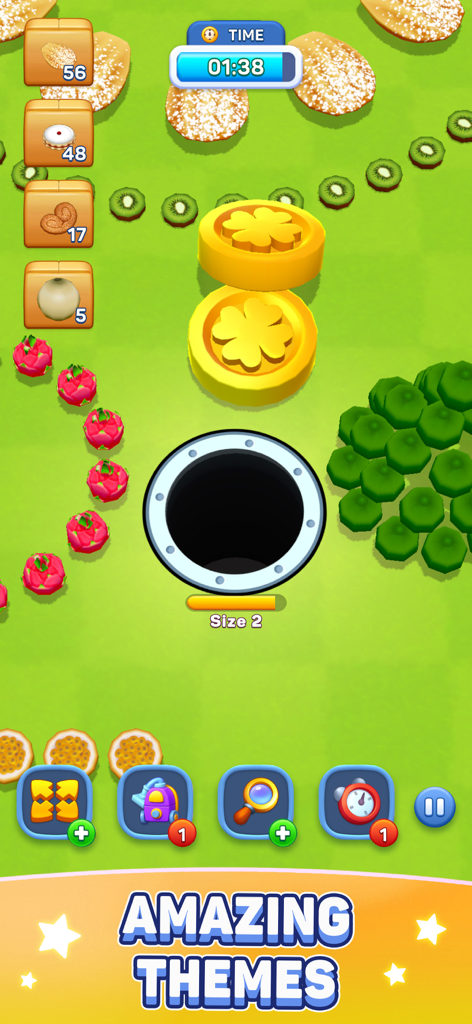 Hole Eats All - A black hole in Hole Eats All game swallowing gold coins and fruits on a green field with a game timer and power-up icons.