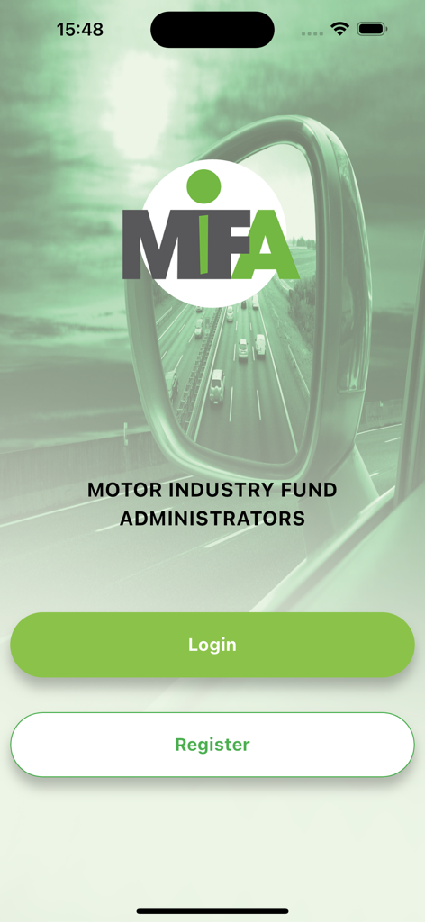 MIFA - MIFA app welcome screen with login and register buttons for motor industry fund management