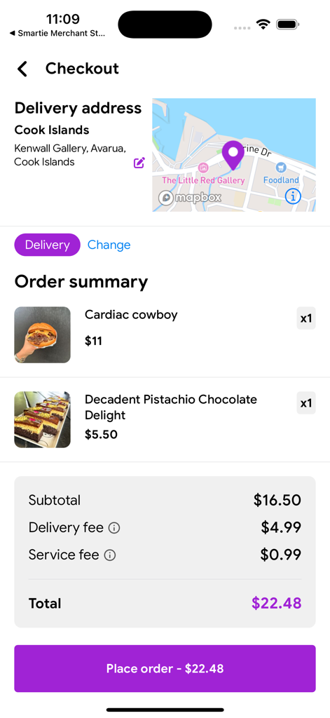 Smartie: The smart way to pay - Smartie app checkout screen showing a food delivery order summary and delivery address in the Cook Islands