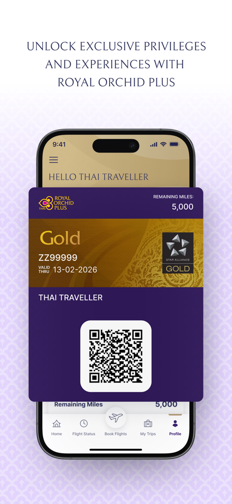 Thai Airways Royal Orchid Plus Gold digital membership card with QR code and mileage balance
