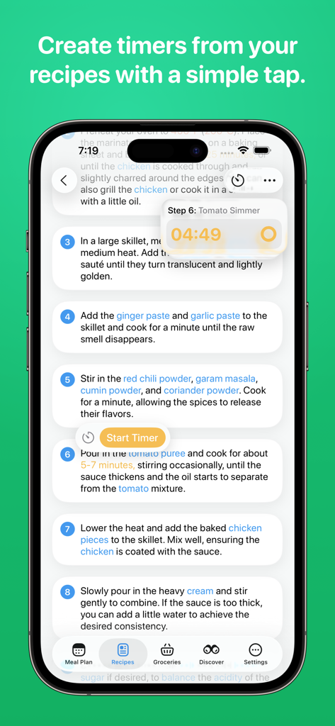 Crouton: Recipe Manager - Crouton recipe manager app showing step by step cooking instructions with integrated countdown timers