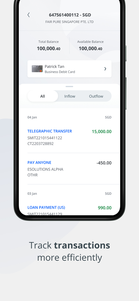 OCBC Business - OCBC Business mobile app screen displaying account balances and a detailed list of business transactions.
