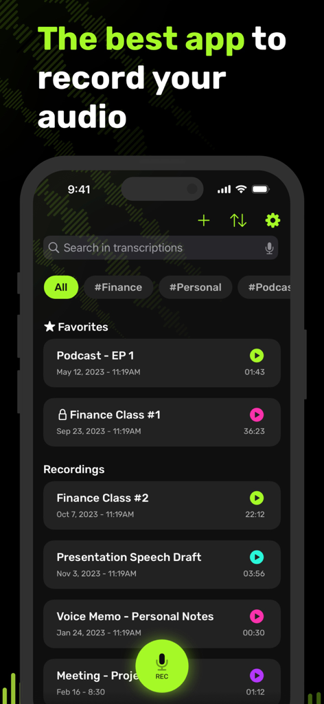 VoiceRec: AI Vocal Recorder - Main interface of VoiceRec AI Vocal Recorder app showing a list of organized audio recordings and a central record button