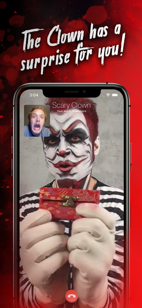 Killer Clown Calls You - Simulated video call interface showing a scary clown in makeup holding a small gift box and a terrified user's reaction