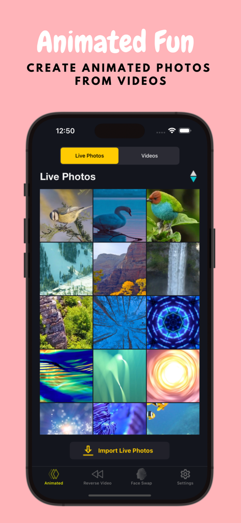Captura de pantalla de la aplicación Live Photo Convert que muestra la galería de fotos en vivo y el menú de navegación.