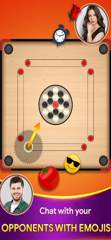 Carrom Pro - Carrom Board Game - Interfaccia del gioco da tavolo Carrom Pro che mostra una partita multiplayer online con funzione di chat emoji