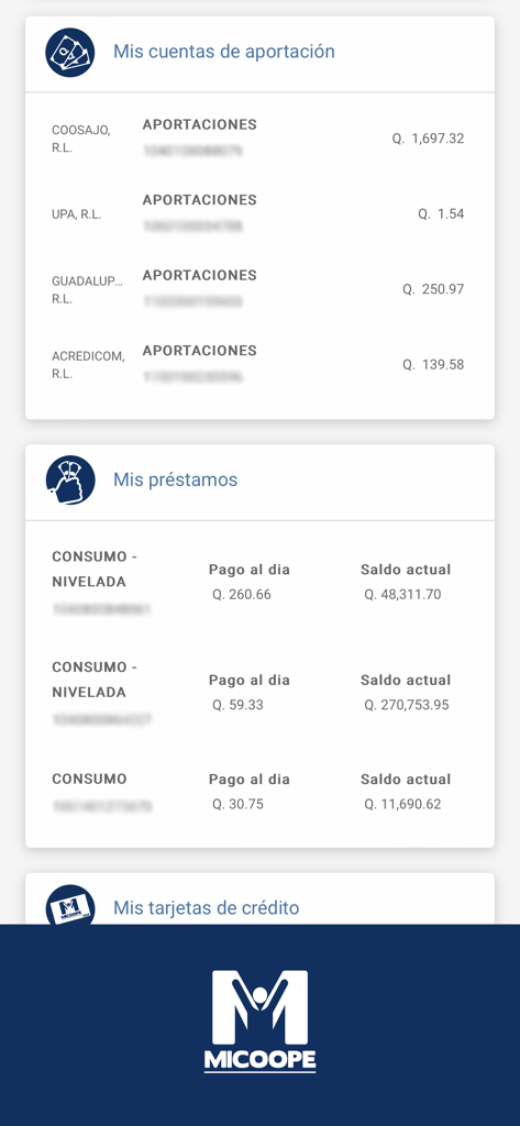 Micoope en Linea - Interfaz de la aplicación Micoope en Linea mostrando saldos de cuentas de contribución y préstamos en Quetzales
