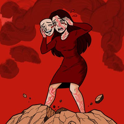 a women crying pulling a smiling mask away from her face standing on a crumbling rock