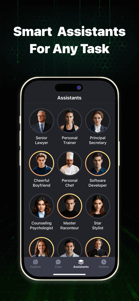 AI Chatbot - Chat Companion - Interface de l'application Chatbot IA montrant une grille d'assistants IA spécialisés, y compris un avocat, un entraîneur personnel et un chef.