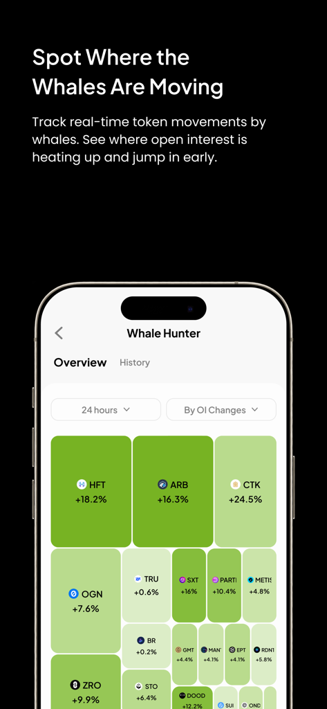 Interfaz de la aplicación móvil Blave que muestra movimientos de ballenas en tiempo real en el mercado de criptomonedas