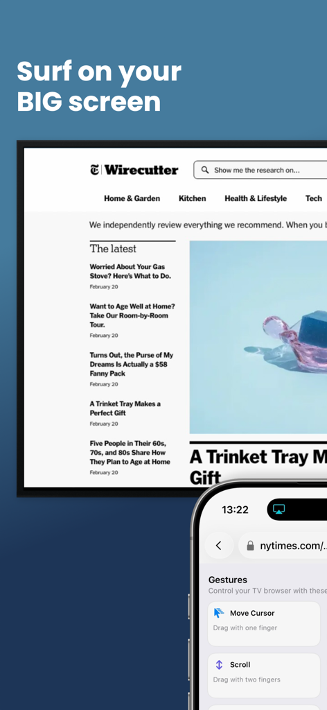 AirWeb - TV Web Browser - Eine Website wird auf einem großen Fernsehbildschirm angezeigt, der mit einem iPhone als Trackpad gesteuert wird.