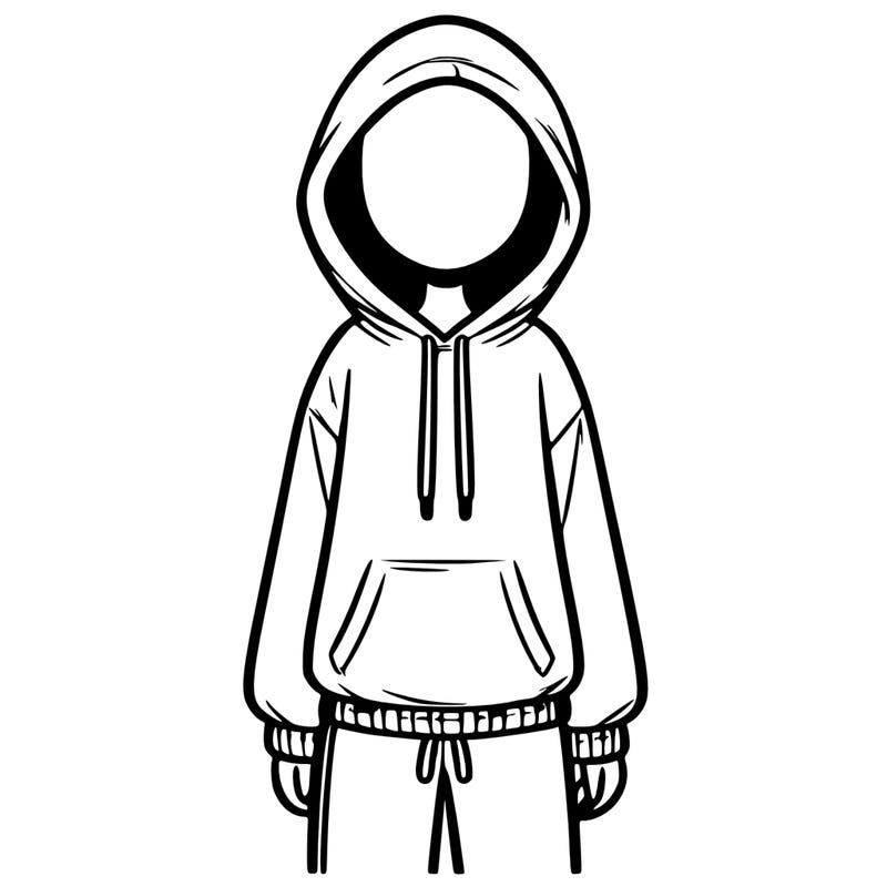 faceless girl in a tracksuit with a hood on and no hair