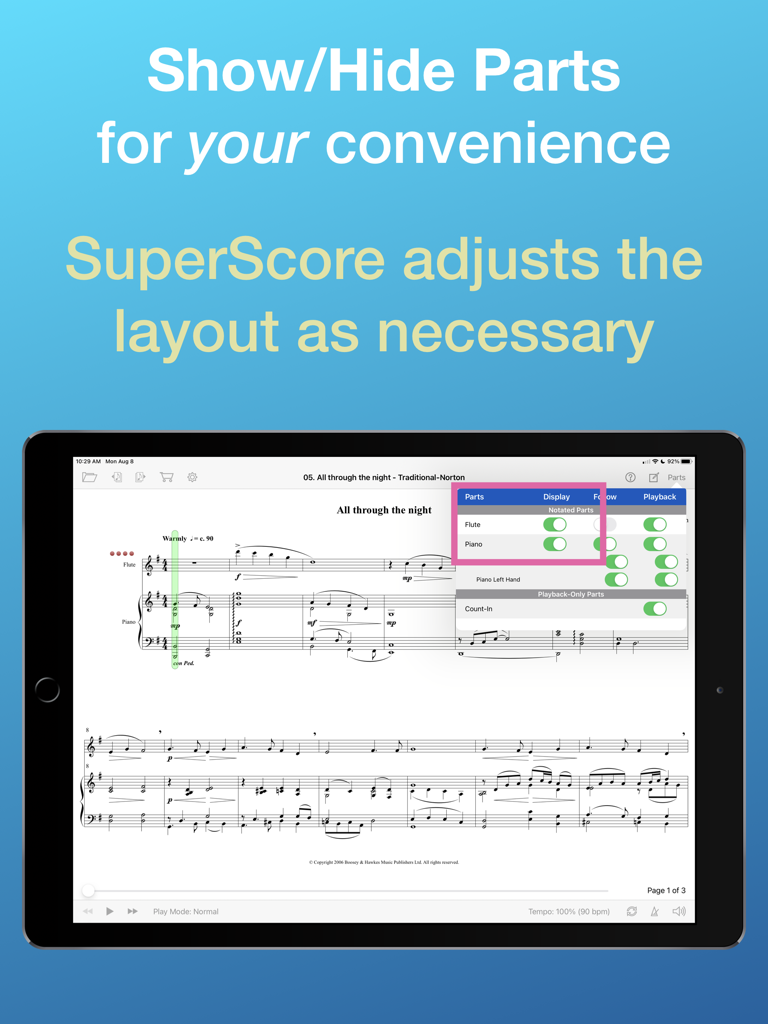 SuperScore Music - The SuperScore Music app interface for showing or hiding different instrument parts on a digital score.
