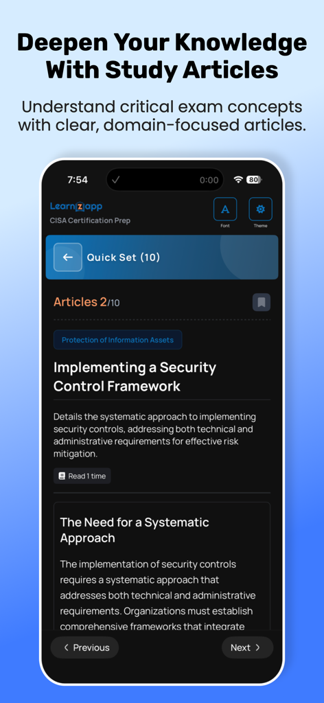 CISA & CISM: ISACA Exam Prep - CISA and CISM exam preparation app interface showing study articles for professional certification