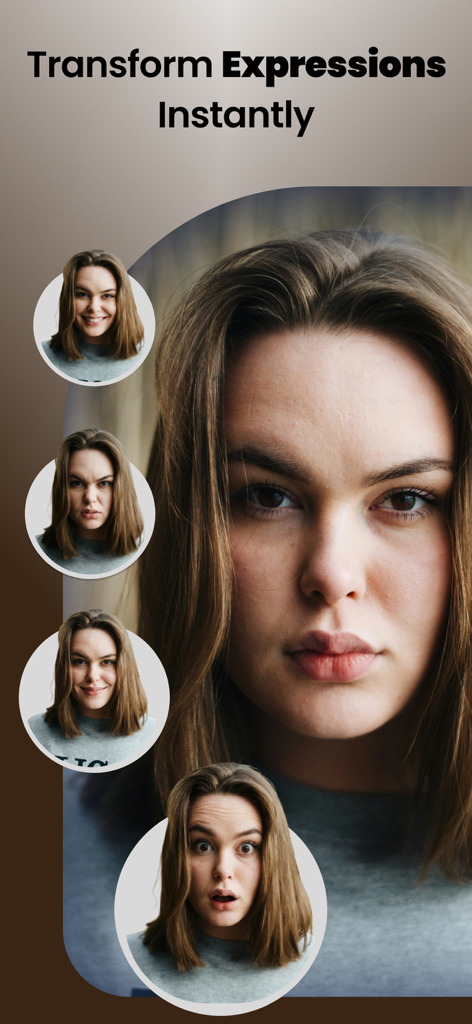 Una mujer demostrando diferentes expresiones faciales generadas por IA, incluyendo sonrisas y sorpresa, usando la aplicación Face Magic.