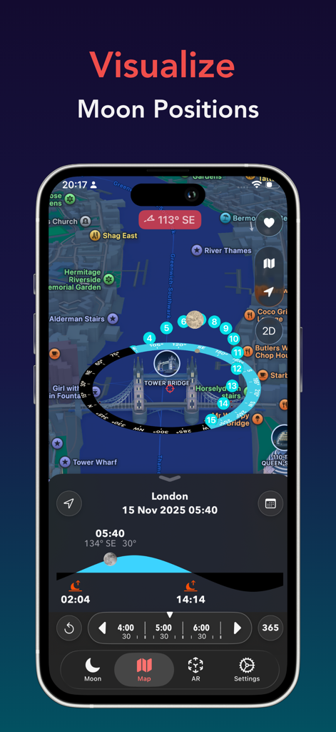 Moon Tracker app interface showing a 3D map visualization of the moon path over London