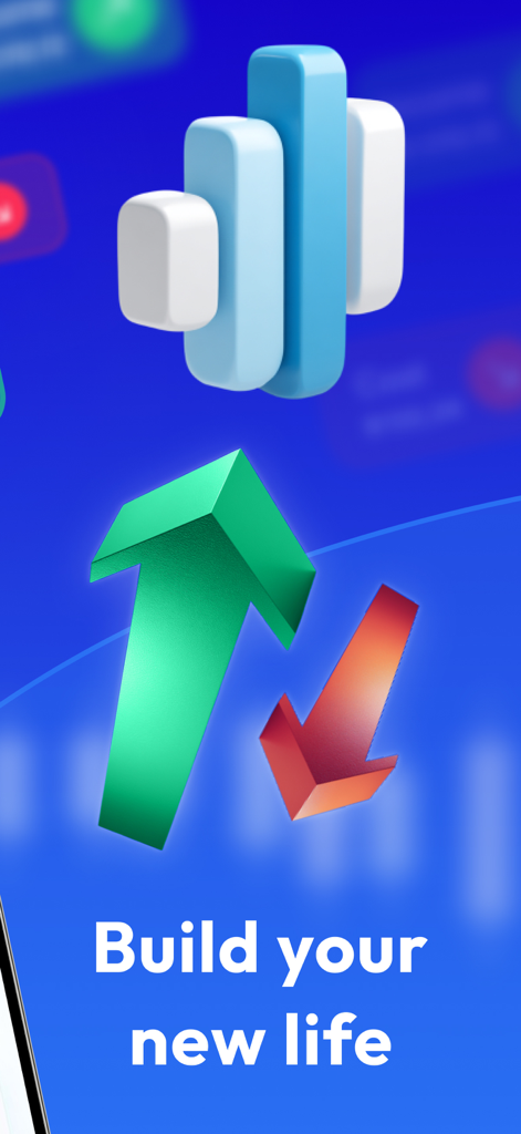 3D market chart icons and growth arrows with the slogan Build your new life