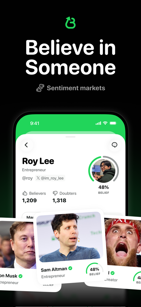 Believe - La interfaz de la aplicación Believe que muestra perfiles de mercado de sentimiento y puntuaciones de creencia para emprendedores y creadores como Sam Altman y Elon Musk