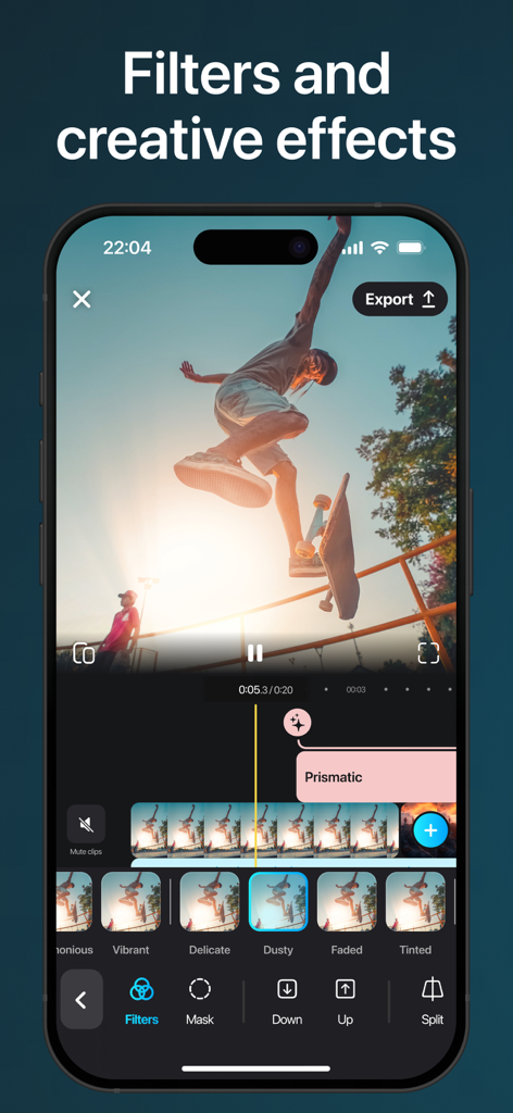 SnapCut: AI Video Editor Maker - SnapCut app interface showing a skateboarder video being edited with creative filters and a prismatic effect.