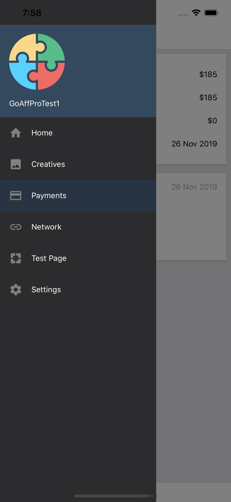 Pro Affiliates - Side navigation menu of Pro Affiliates app showing links to Home, Creatives, and Payments