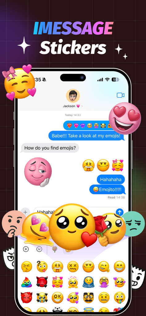 iPhone display showing a vibrant iMessage conversation using custom emojis and stickers from the Emojito app.