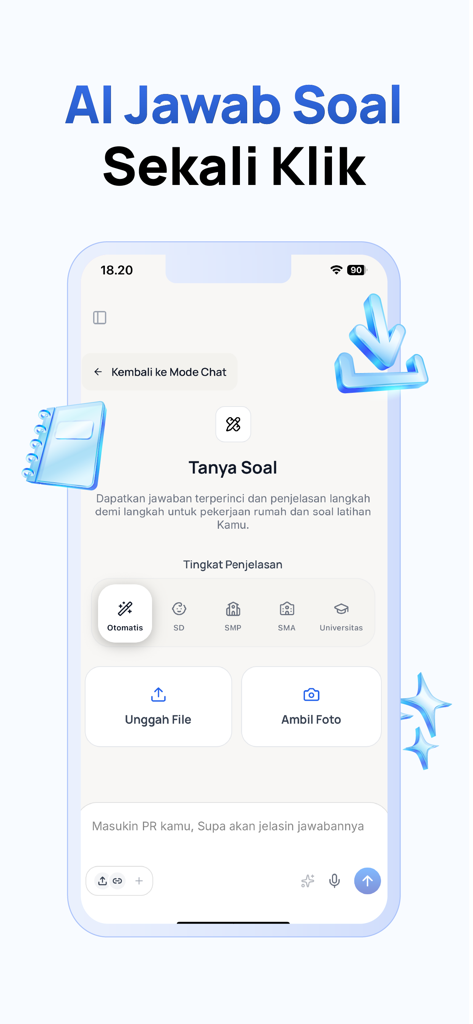 Supa AI - Supa AI app screen for asking homework questions with photo upload and education level selection
