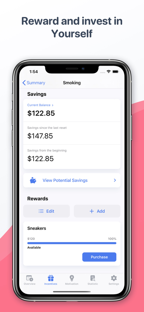 Quitzilla app interface showing money saved from quitting smoking and a completed reward progress bar for sneakers.