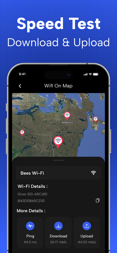 WiFi on Map : WiFi Finder - Interface of WiFi on Map app displaying speed test results for a verified WiFi hotspot including download and upload speeds.