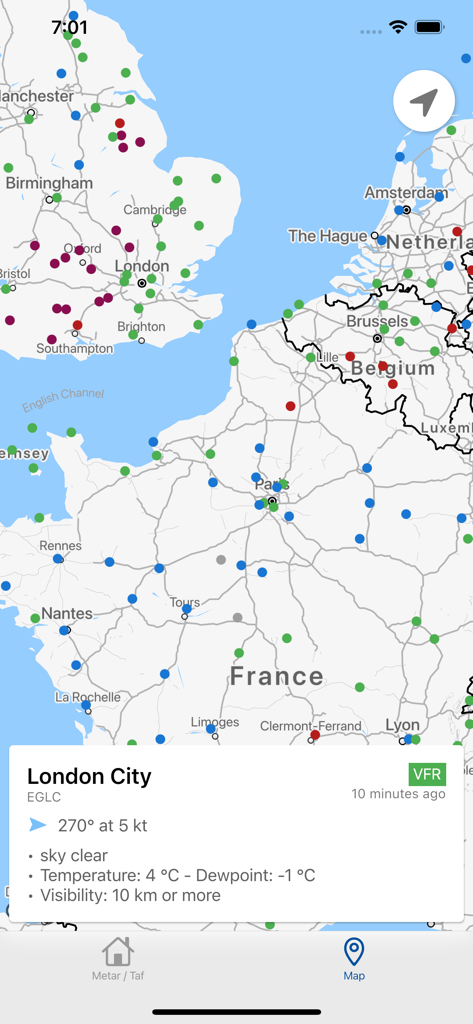 Aviation weather - METAR & TAF - Aviation weather app map view showing METAR data and VFR status for London City airport