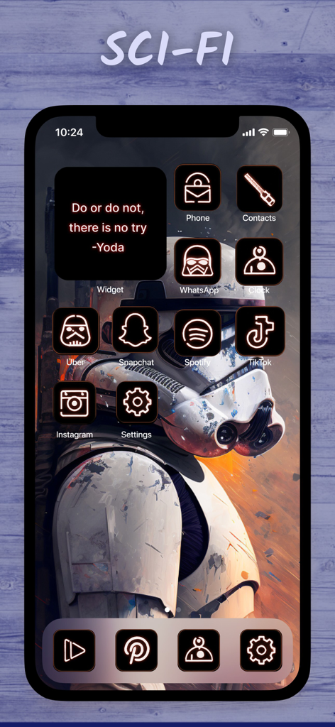 4k Wallpapers, Widgets: Plaw - Sci-fi themed iPhone home screen with Stormtrooper wallpaper and custom app icons