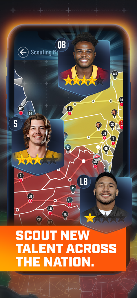 The Program: College Football - A map interface in The Program College Football app showing player recruits with star ratings across the country