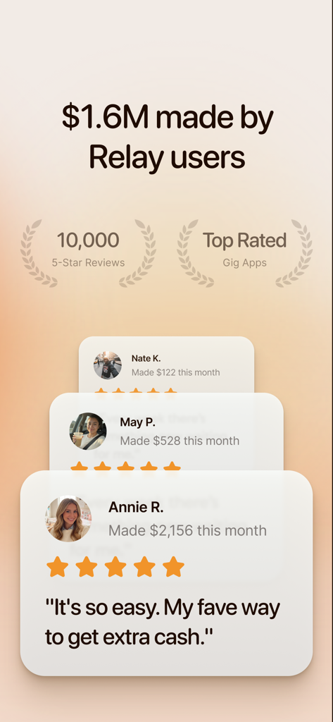 Relay - Get paid to post - Relayアプリのソーシャルプルーフに、ユーザーが稼いだ160万ドルとトップ評価のレビューを表示