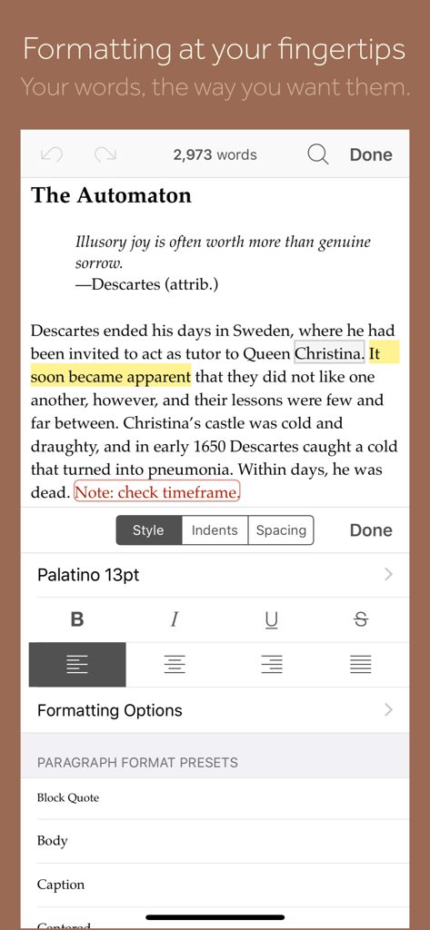 Scrivener - Mobile view of the Scrivener app showing a text editor with a formatting panel for styles, fonts, and paragraph presets.
