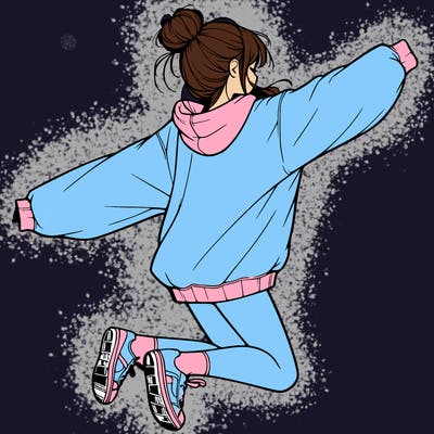 realistic girl jumping with a bun and oversized sweatshirt