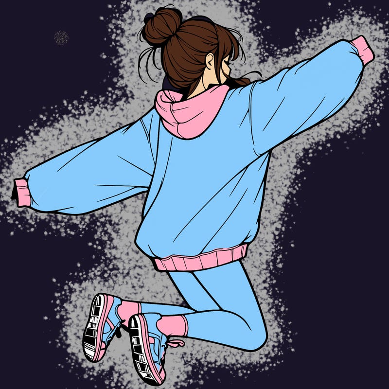 realistic girl jumping with a bun and oversized sweatshirt