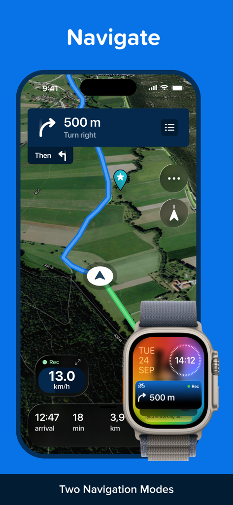 Bikemap cycling navigation interface on iPhone and Apple Watch