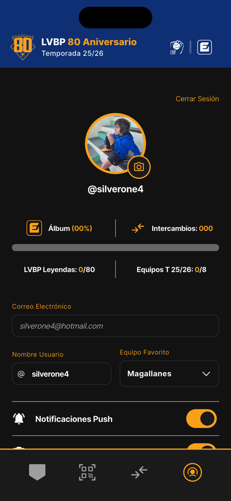 LVBP 80 - Panel del perfil de usuario en la aplicación LVBP 80 que muestra estadísticas de progreso de la colección y configuración de la cuenta.