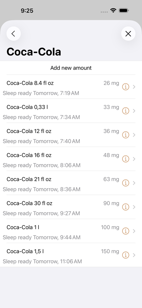 Caffeine App - Track Caffeine - Écran de l'application Caféine montrant les tailles de boissons Coca-Cola avec les milligrammes de caféine et les temps de préparation au sommeil
