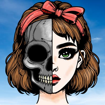realistic girl with half skull mask