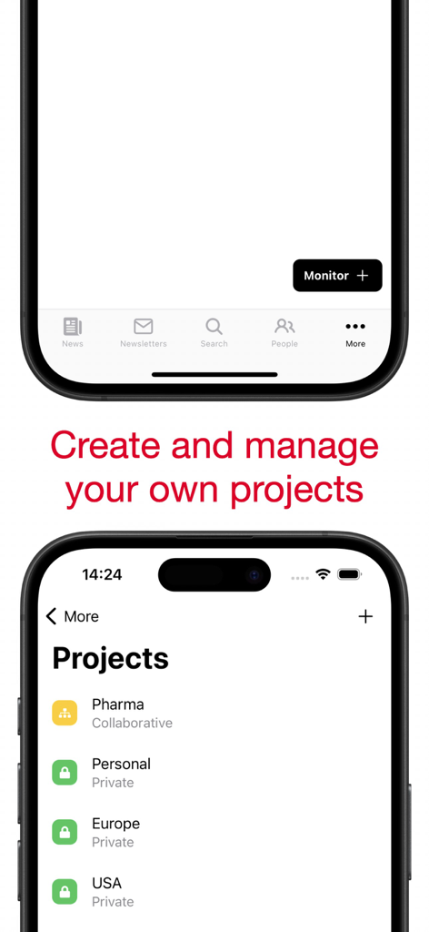 POLITICO Europe Edition - Oberfläche der POLITICO Europe App, die zeigt, wie Benutzer benutzerdefinierte Projekte erstellen und verwalten können, um bestimmte Nachrichtenthemen zu verfolgen.