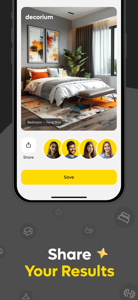 AI Interior Design, Renovation - User interface of the Decorium app showing options to share and save a Feng Shui style bedroom design.