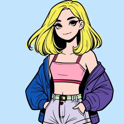 a realistic girl with a crop top and short shorts in an open jacket