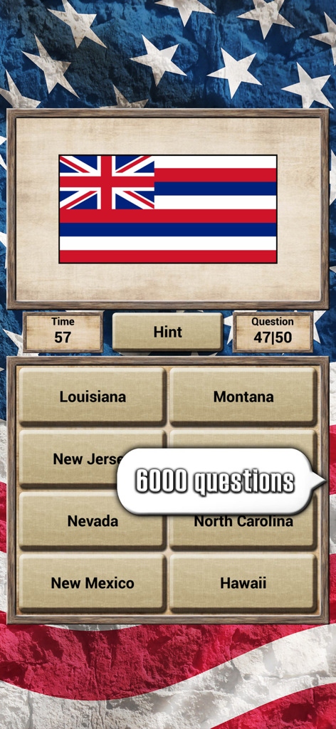 USA Geography Quiz Game interface featuring a Hawaii state flag question