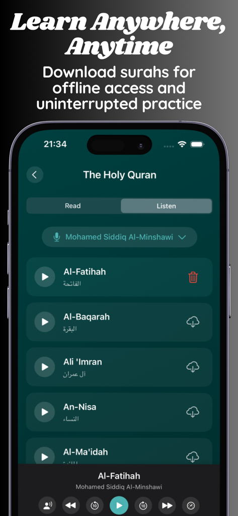 Daily Wisdom: Quran & Hadith - The Holy Quran audio player interface in the Daily Wisdom app featuring surah downloads for offline access.
