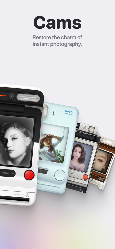 Bebo Cam:Retro Instant Camera - Visualizzazione di più fotocamere istantanee retrò virtuali nell'app Bebo Cam che mostrano vari effetti pellicola.