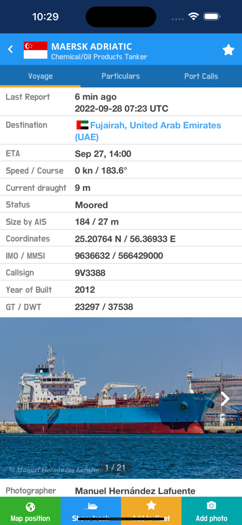 VesselFinder Pro - Detailed technical information and voyage status for a tanker ship in the VesselFinder Pro mobile application
