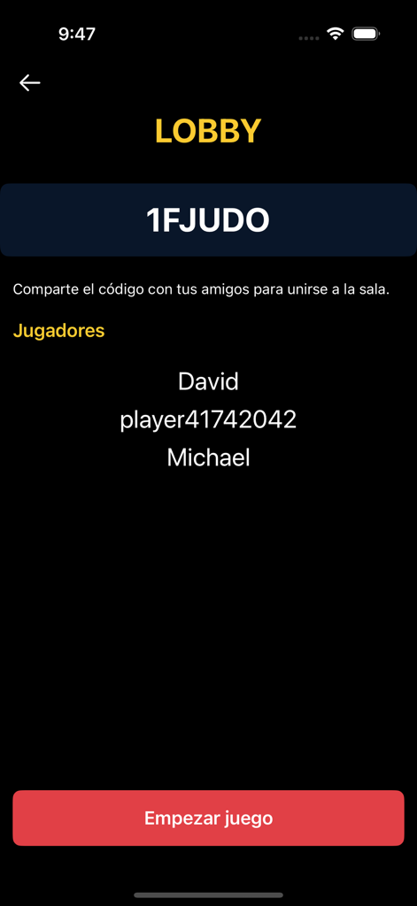 Impostor: Juega com amigos - Lobby screen for the Impostor party game showing a room code and player list