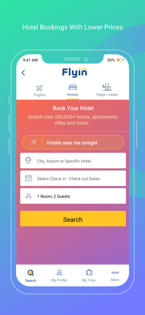 Flyin app hotel booking interface with search options for city, dates, and guests