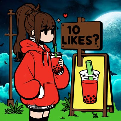 girl with oversized hoodie drinking boba and she has a high ponytail with a sign that says 10likes?