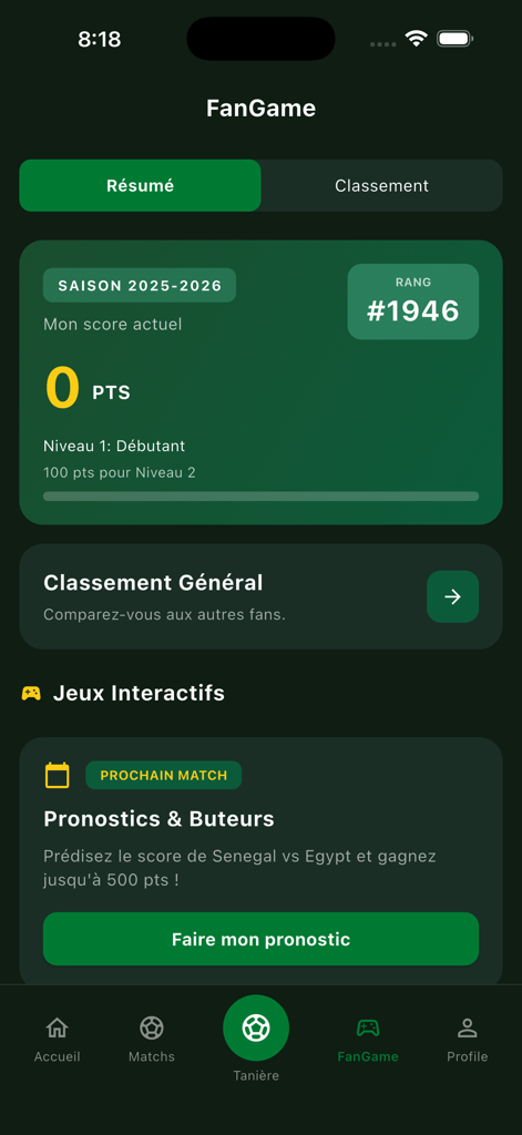 GoGainde app interface showing fan game statistics rank and football match prediction features